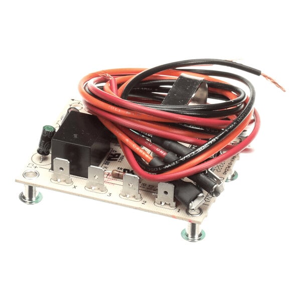 A small electronic circuit board with several terminal connectors, a relay, and a bundle of red and black wires coiled on top.