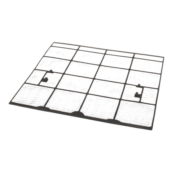 A rectangular mesh filter with a black grid frame and translucent sections, viewed at an angle.