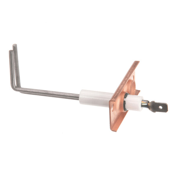 A metal rod component with a ceramic insulator and a mounting plate, likely used as an ignitor or electrode in heating equipment.
