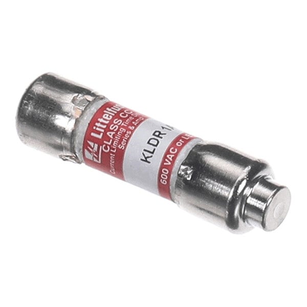 A cylindrical metal fuse with a red and white label displaying electrical specifications.
