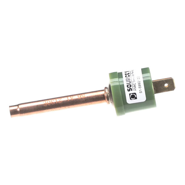A cylindrical metallic component with a green plastic section and a protruding flat metal tab, featuring a label with text.