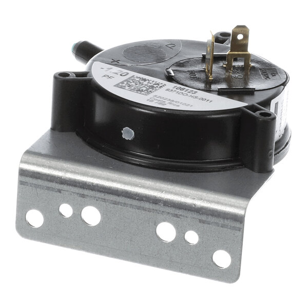 A round black air pressure switch with two metal terminals and a metal mounting bracket, featuring a label with printed information.