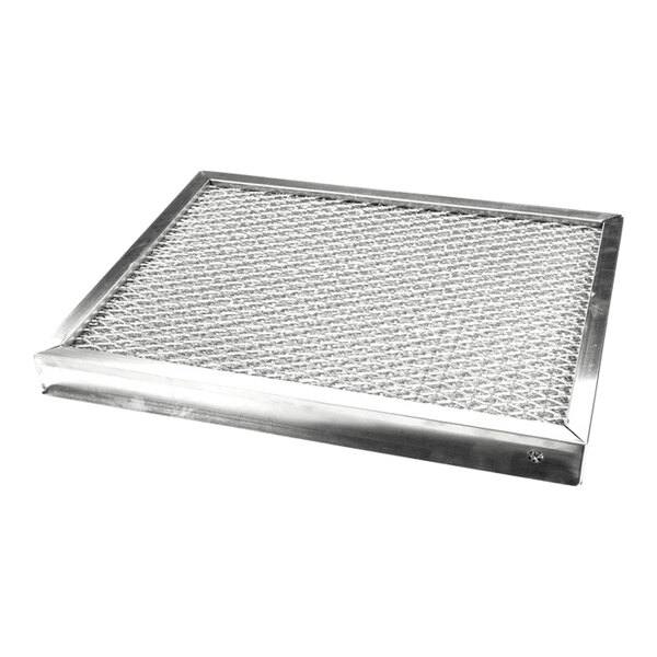 A rectangular metal mesh filter with a sturdy aluminum frame, shown lying flat on a white background.