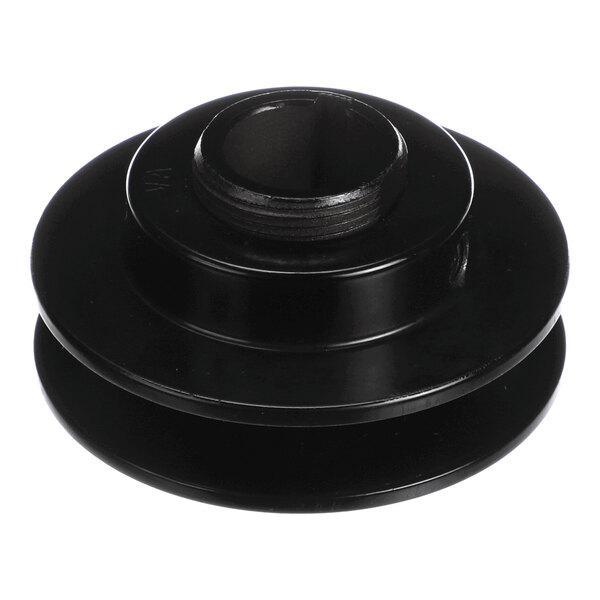 A close-up view of a small electronic component with a metal base, black plastic housing, and two metal terminals.