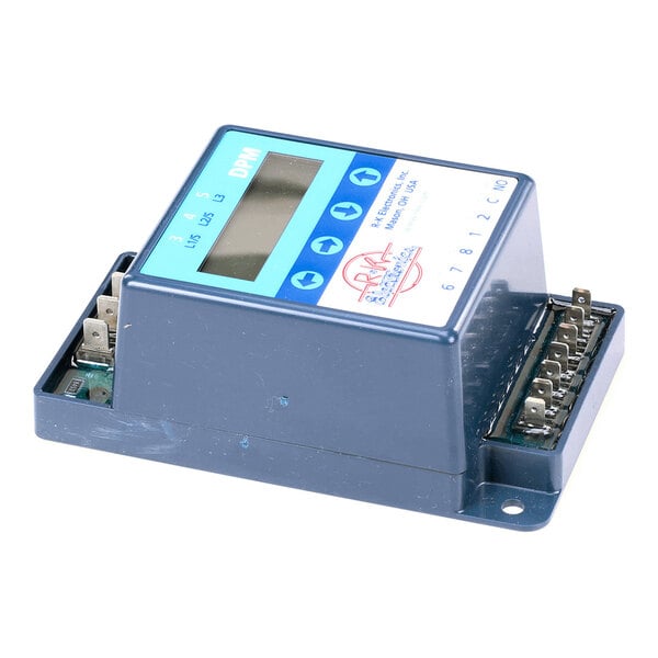 A blue electronic control module with a digital display, several buttons, and multiple terminal connectors on the sides.