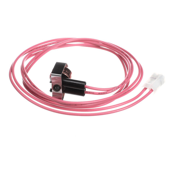 A coiled pink wire with a black and metallic sensor component and a white plastic connector at the end.