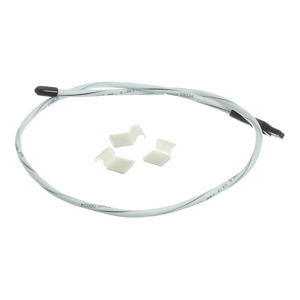 A thin, flexible cable with connectors on both ends and three small white plastic clips placed in the center.