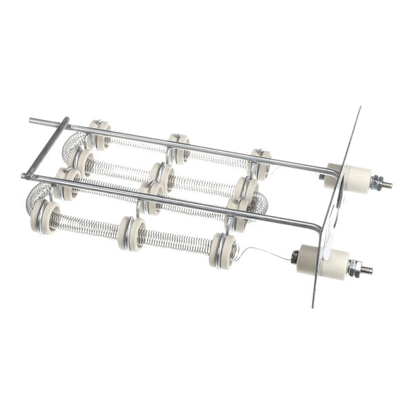 A metal frame with multiple coiled heating elements and ceramic insulators mounted on a rectangular plate.
