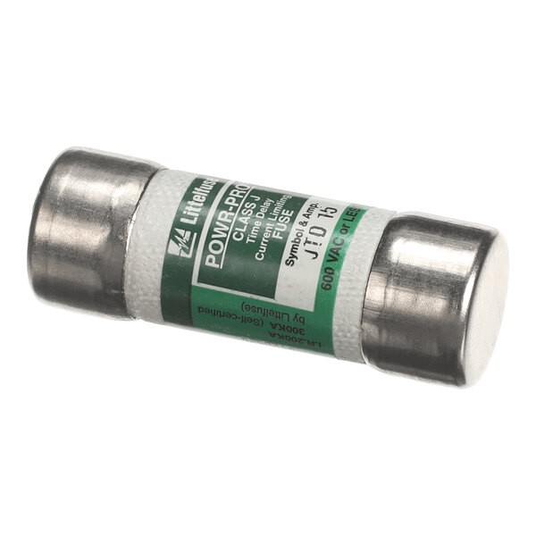 A cylindrical fuse with metal end caps and a green and white label indicating specifications.