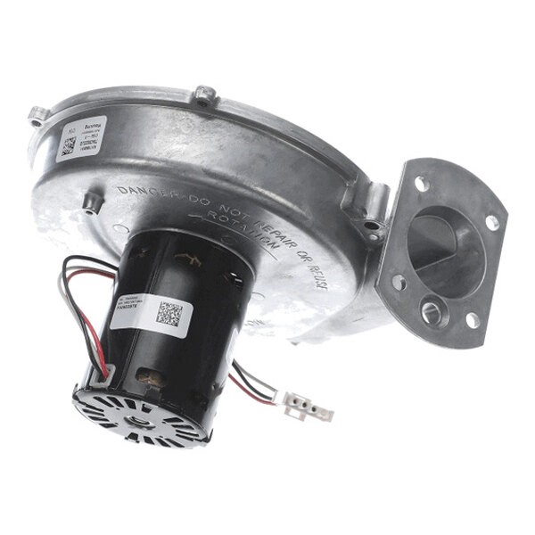 A metal blower assembly with an attached black motor and visible wiring.