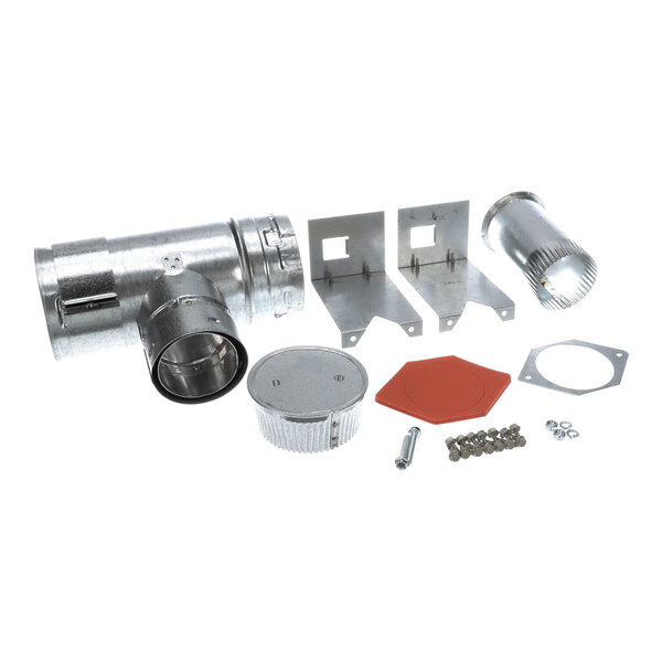 A set of metal duct components, brackets, a red gasket, screws, and other hardware parts arranged on a white background.