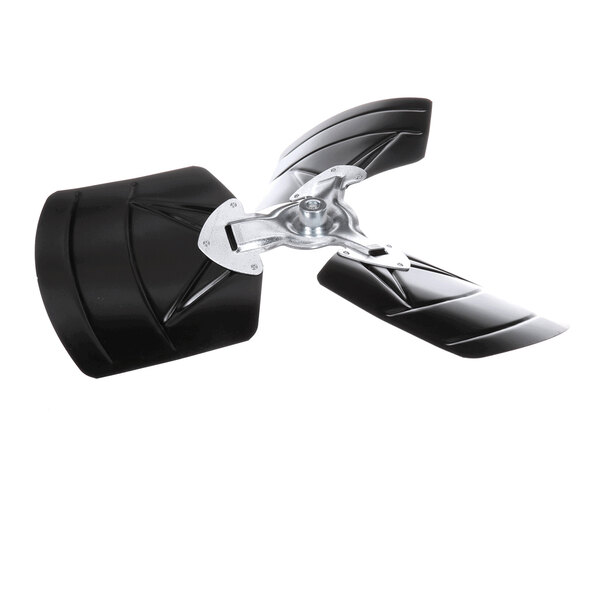 A three-blade black and silver fan propeller with a central metal hub.