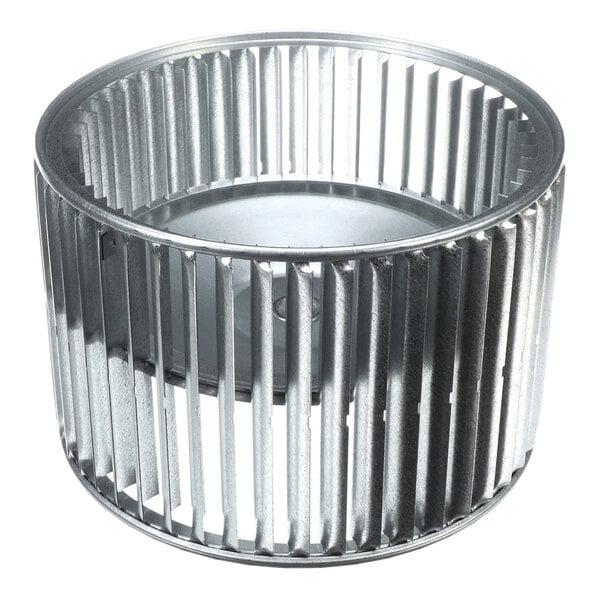 A cylindrical metal component with evenly spaced vertical blades, resembling a blower wheel or fan wheel.