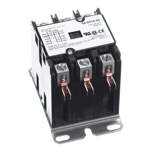 A three-pole electrical contactor with screw terminals and a metal mounting base, labeled with voltage and current ratings on the top.