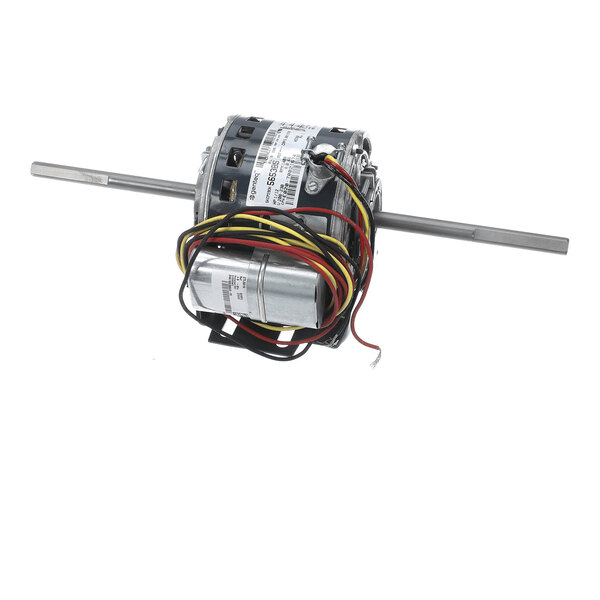 A cylindrical electric motor with two extended metal shafts and several colored wires attached.