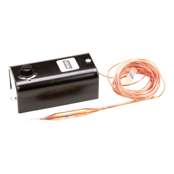 A black rectangular device with a control knob and a long coiled copper wire attached.
