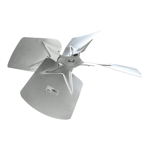 A four-blade metallic fan blade with two wide and two narrow blades, featuring a central mounting hub and a barcode sticker on one blade.