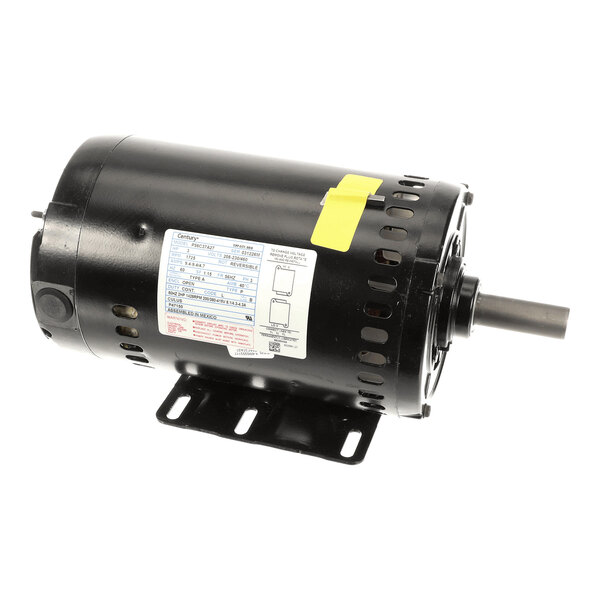 A black cylindrical electric motor with a mounting base, visible shaft, and a label with technical specifications.