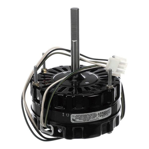 A black cylindrical electric motor with a central metal shaft, attached wires, and a white connector.