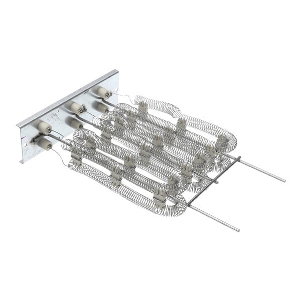 A metal heating element assembly with coiled wires mounted on a metal plate and supported by ceramic insulators.