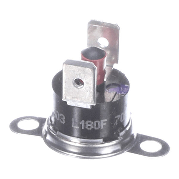 A small cylindrical electronic component with two metal terminals and mounting flanges on either side.