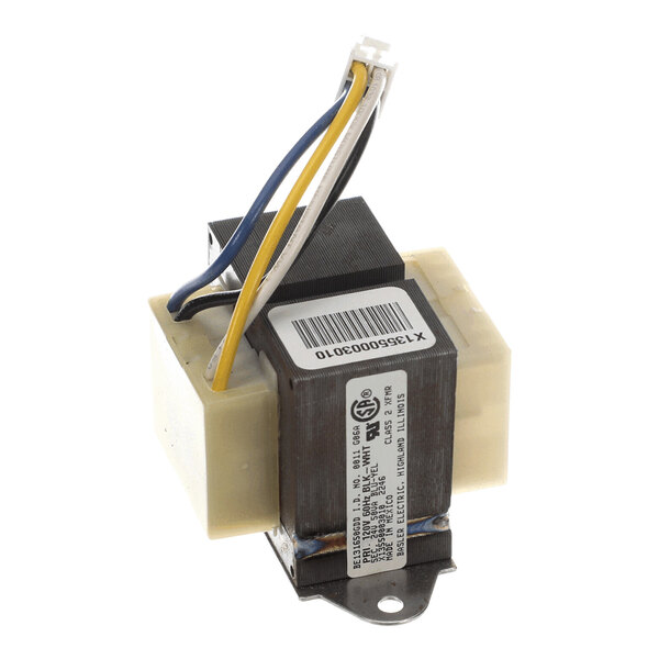 A small electrical transformer with a metal core, plastic end caps, and three colored wires (blue, yellow, and white) extending from the top.