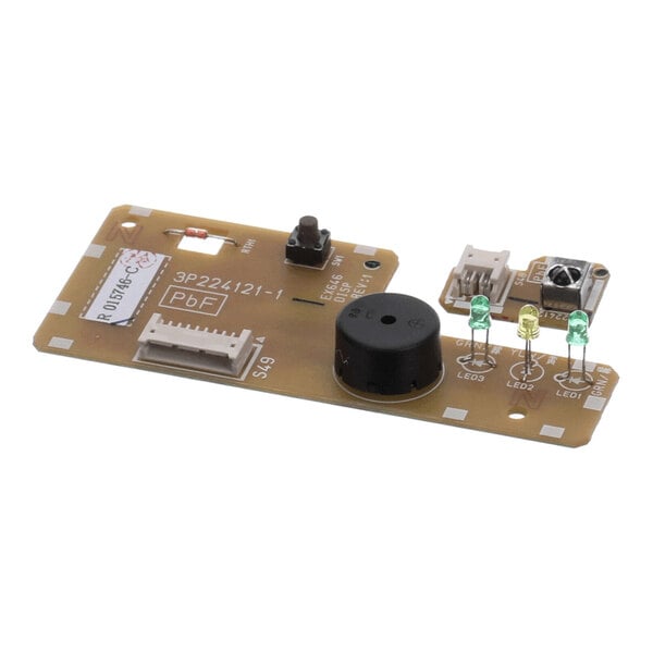 A rectangular printed circuit board featuring a black buzzer, three LEDs (green and yellow), a push button, connectors, and various electronic components.