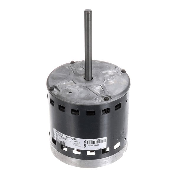 A cylindrical electric motor with a central shaft extending vertically from the top and ventilation slots around the body.