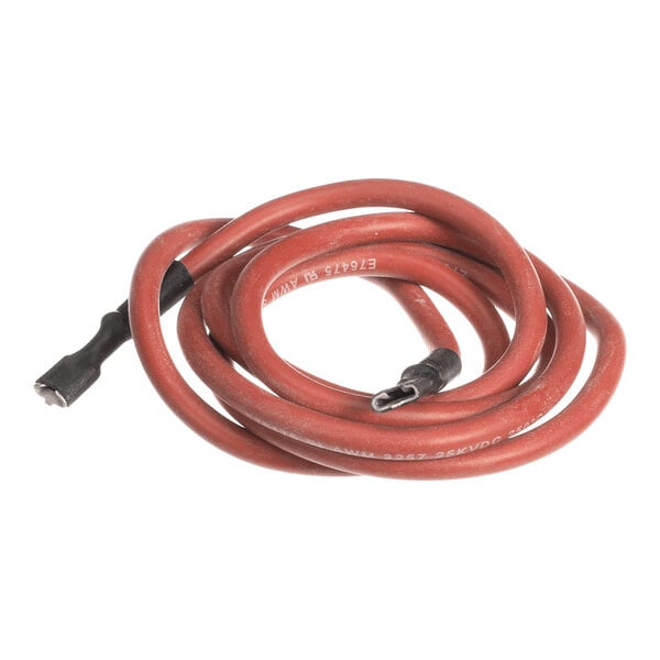 A coiled red cable with metal connectors on both ends.