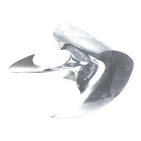 A three-blade, metallic fan or propeller with a shiny, reflective surface and a central mounting hole.