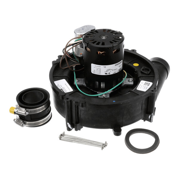 A black motor assembly with attached wiring, accompanied by hose clamps, a rubber gasket, and mounting hardware, all arranged on a white background.