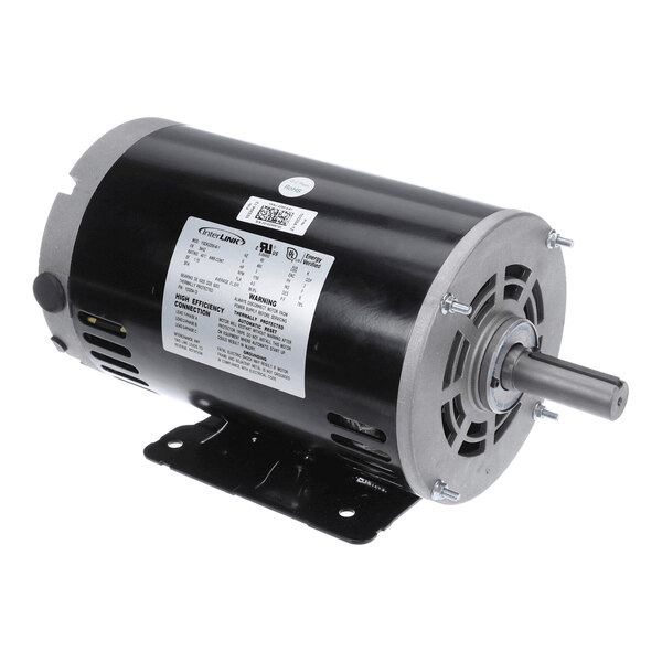 A cylindrical electric motor with a black body, metal mounting base, and a protruding shaft, featuring a label with technical specifications.