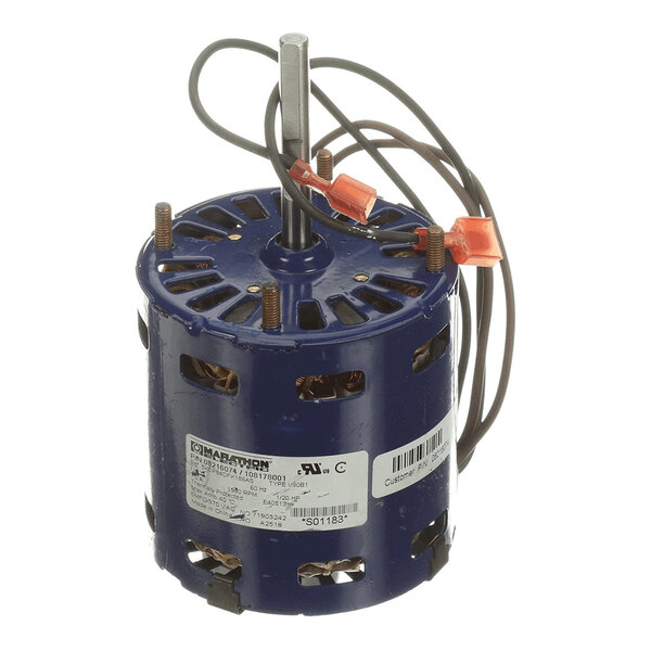 A cylindrical electric motor with a blue housing, visible copper windings through ventilation slots, a central shaft, attached wires, and orange wire connectors.