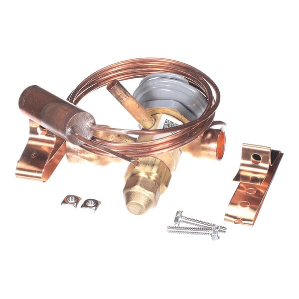 A brass and copper valve assembly with coiled tubing, mounting brackets, and screws.
