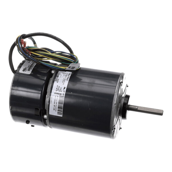 A cylindrical electric motor with a bundle of multicolored wires and a protruding metal shaft.