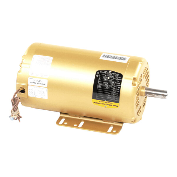 A gold-colored cylindrical electric motor with a mounting base, visible shaft, and attached wiring.