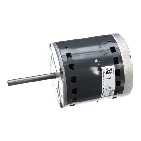 A cylindrical electric motor with a protruding shaft and ventilation slots, featuring a label with technical information.