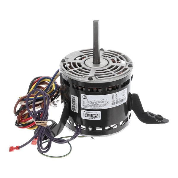 A cylindrical electric motor with a central shaft, attached mounting brackets, and several colored wires extending from its side.