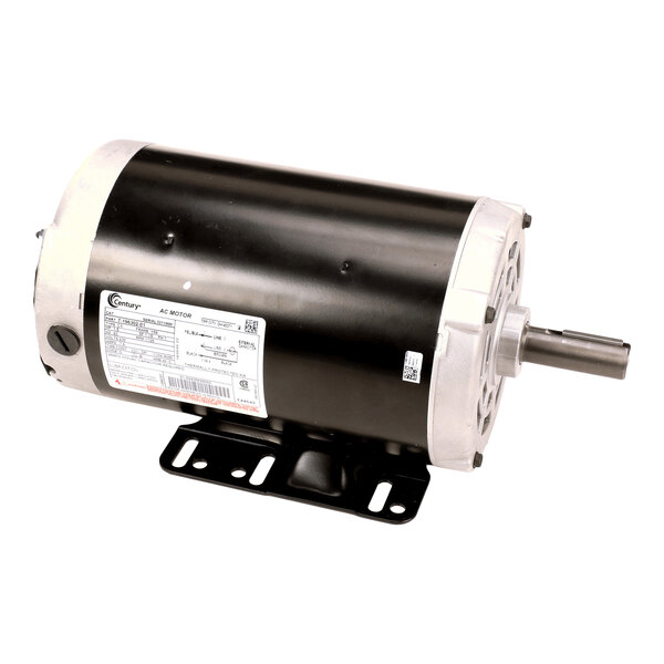 A cylindrical electric motor with a black body, silver end caps, a mounting base, and a protruding metal shaft.