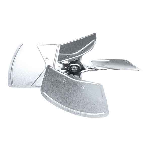 A metallic, three-blade fan component with a central mounting hole, shown against a white background.
