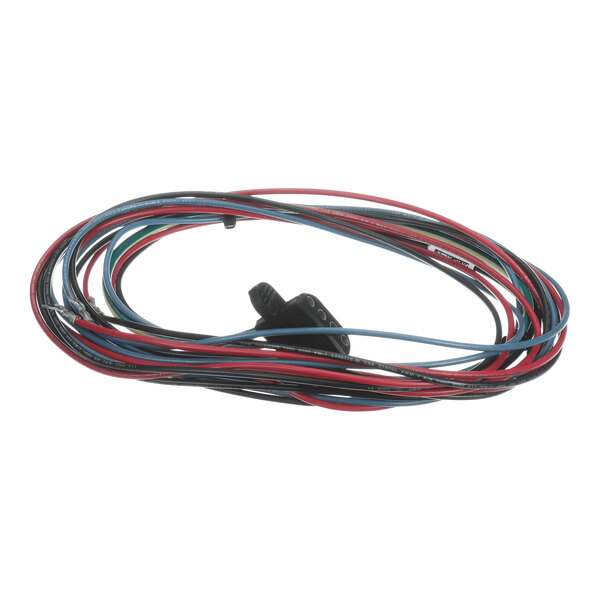 A coiled bundle of multicolored electrical wires with a black 4-pin plug connector.