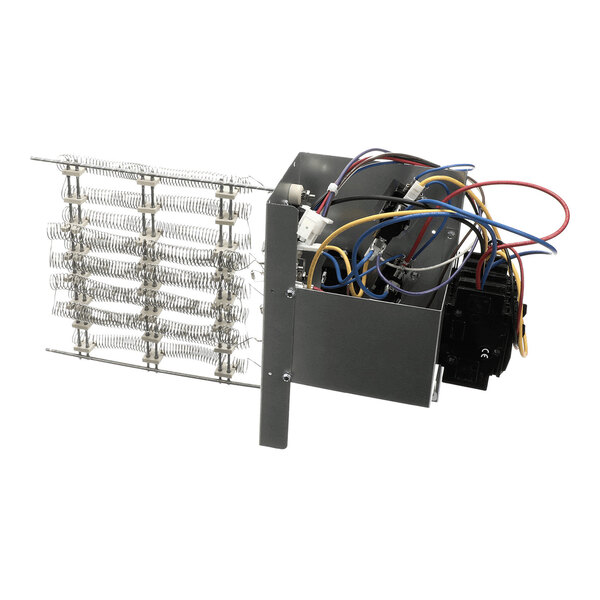 A metal assembly with coiled heating elements and various colored electrical wires attached to a control box.