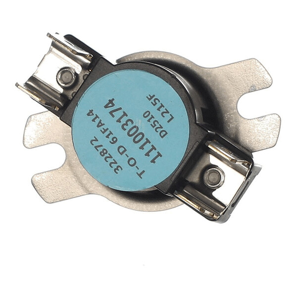 A round metallic component with a blue label and two metal terminals, likely an electrical or thermal switch.