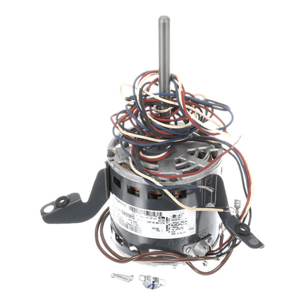A metal electric motor with a central shaft, multiple colored wires coiled on top, and mounting brackets on the sides.