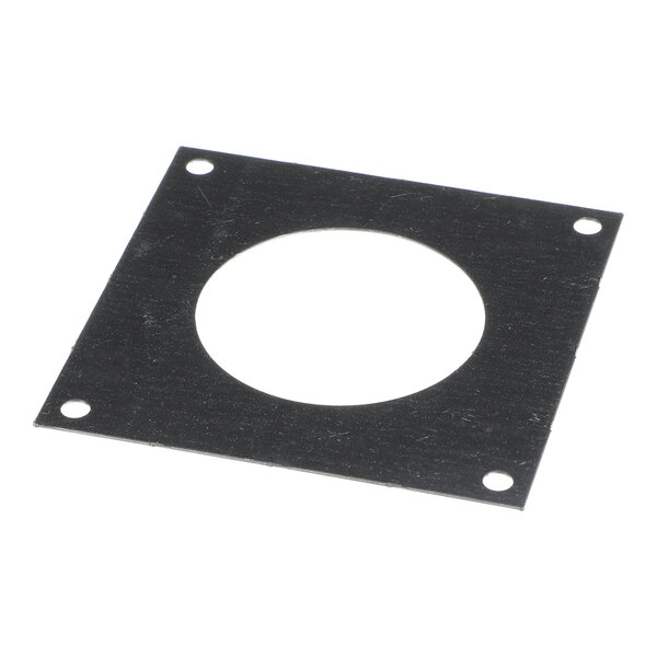 A flat, square black plate with a large circular hole in the center and four smaller holes near each corner.