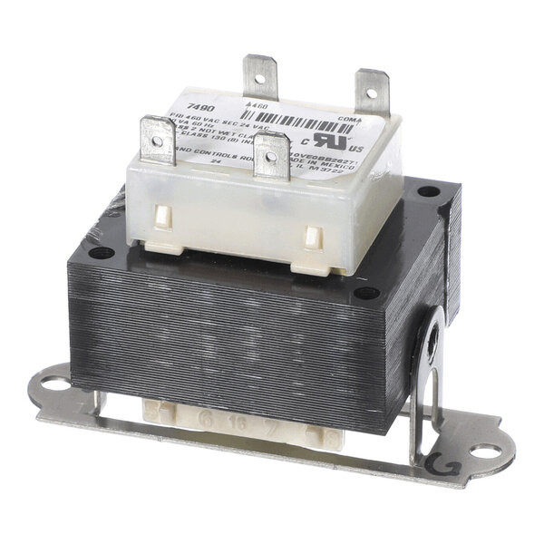 A rectangular electrical transformer with a metal mounting bracket, black laminated core, and a white plastic terminal block with metal prongs on top.