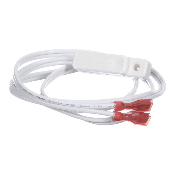 A white cable with a rectangular sensor component and two red connectors at the ends.