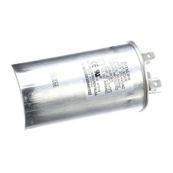 A cylindrical metallic component with printed specifications and three electrical terminals on one end, likely a capacitor.