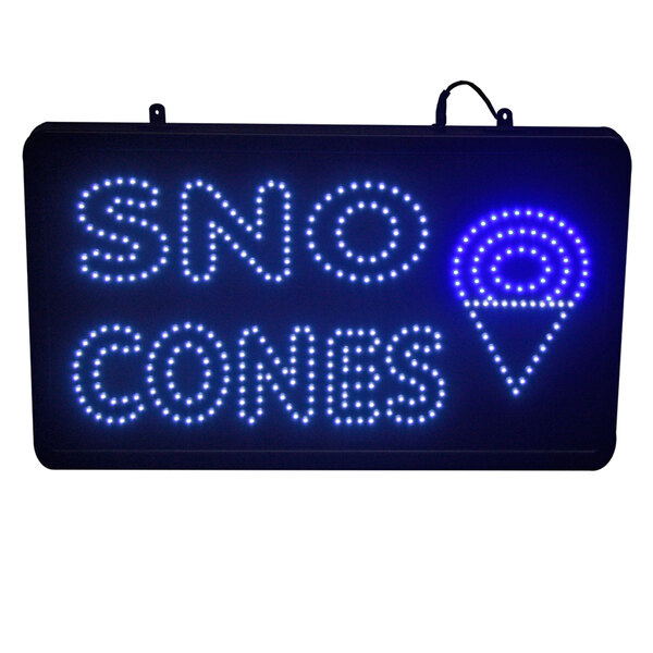 A Paragon LED sign with blue lights in a circle that says "Snow Cones" in white text.