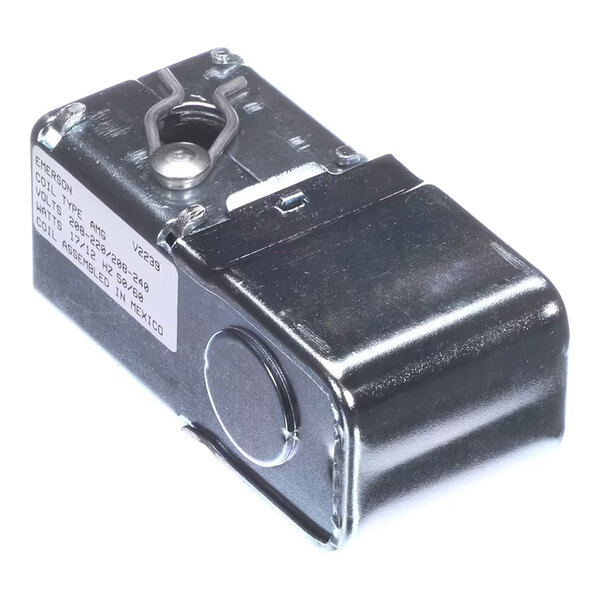 A metallic rectangular device with a label on the side and a spring-loaded mechanism on top.